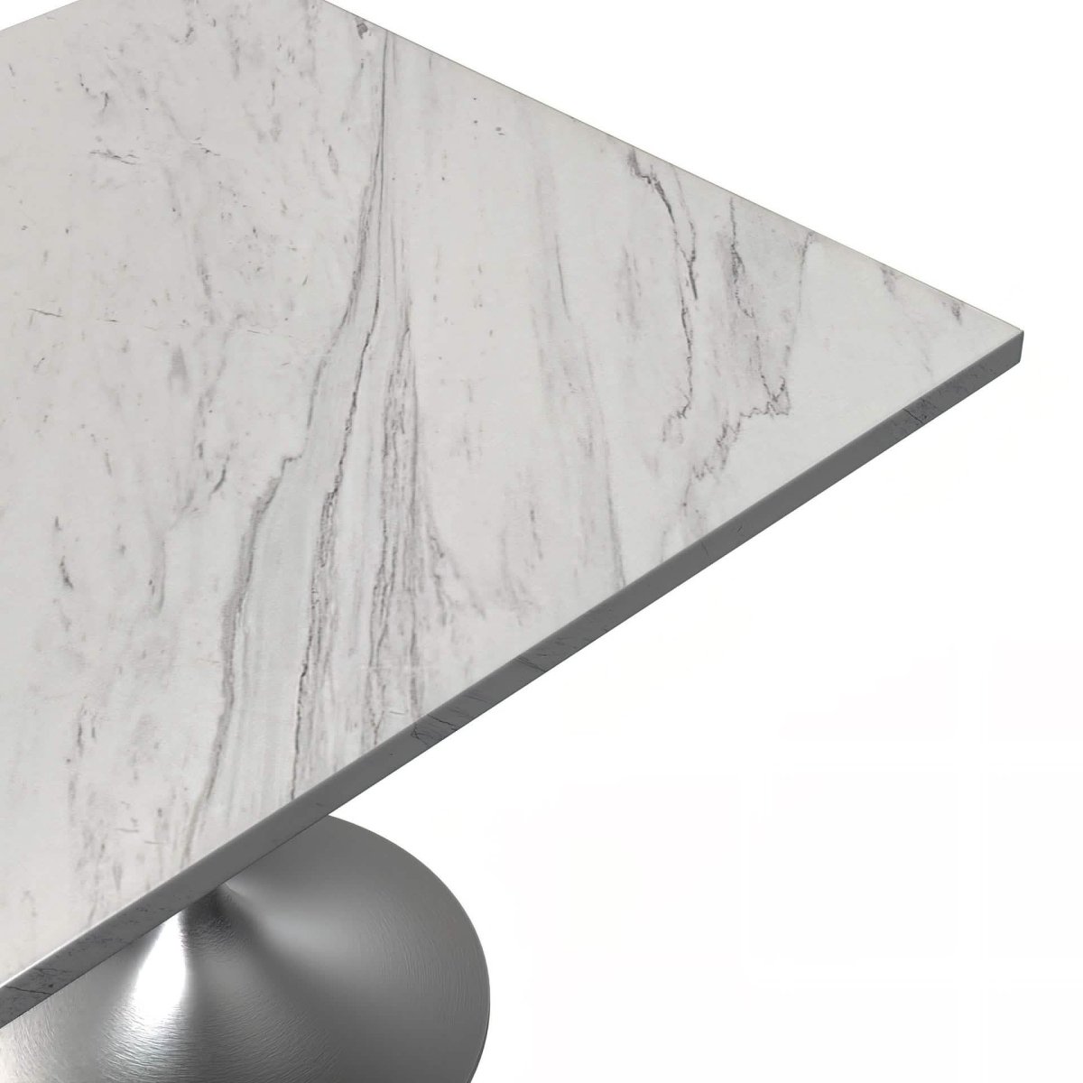Verve Square Dining Table with a Laminated White Marbleized Tabletop and White/Black/Silver/Gold Steel Pedestal Base
