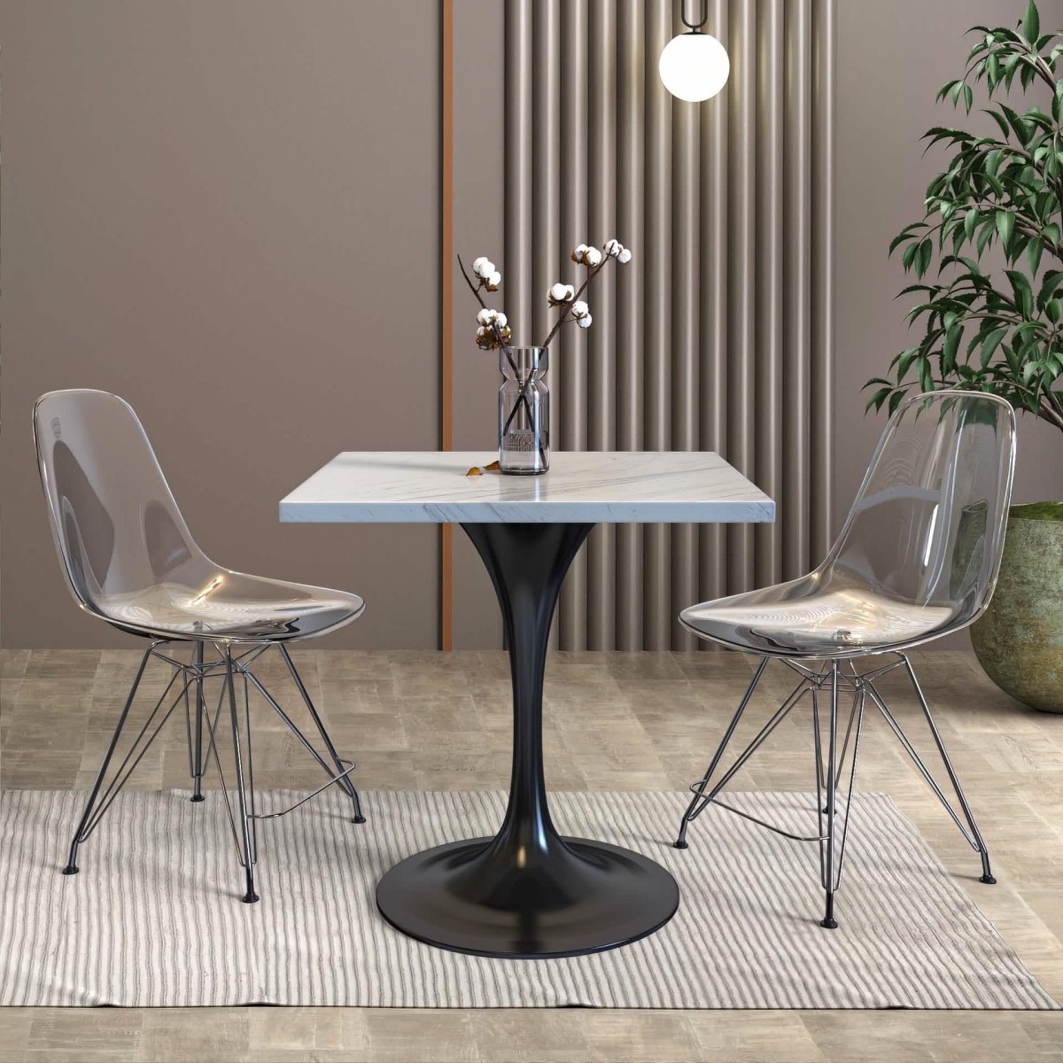 Verve Square Dining Table with a Laminated White Marbleized Tabletop and White/Black/Silver/Gold Steel Pedestal Base