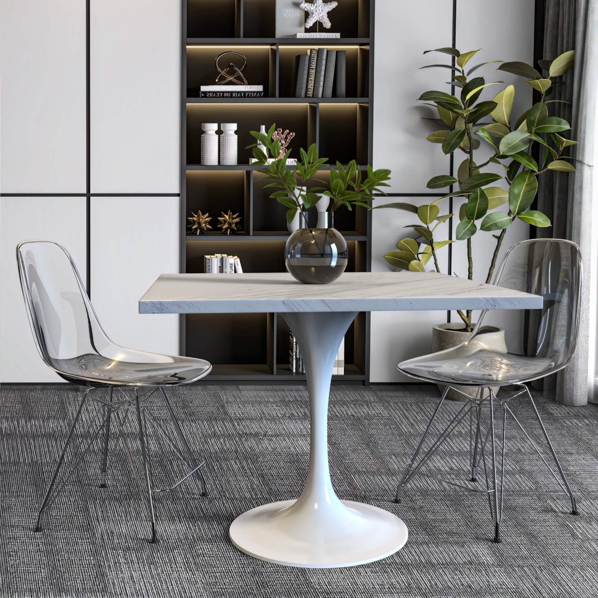 Verve Square Dining Table with a Laminated White Marbleized Tabletop and White/Black/Silver/Gold Steel Pedestal Base