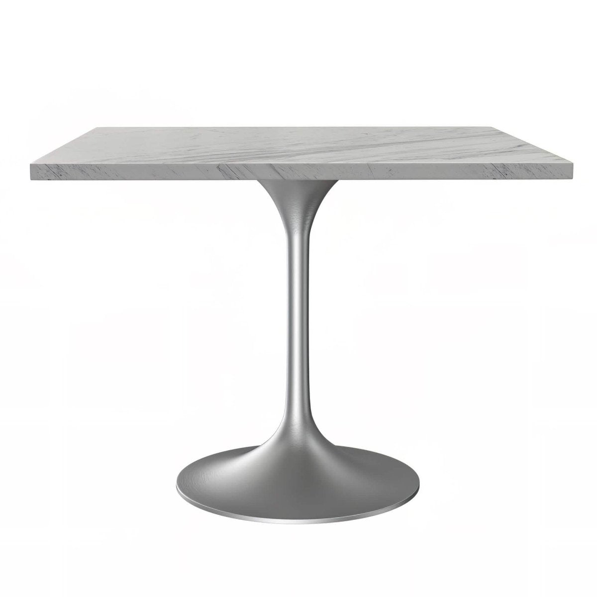Verve Square Dining Table with a Laminated White Marbleized Tabletop and White/Black/Silver/Gold Steel Pedestal Base