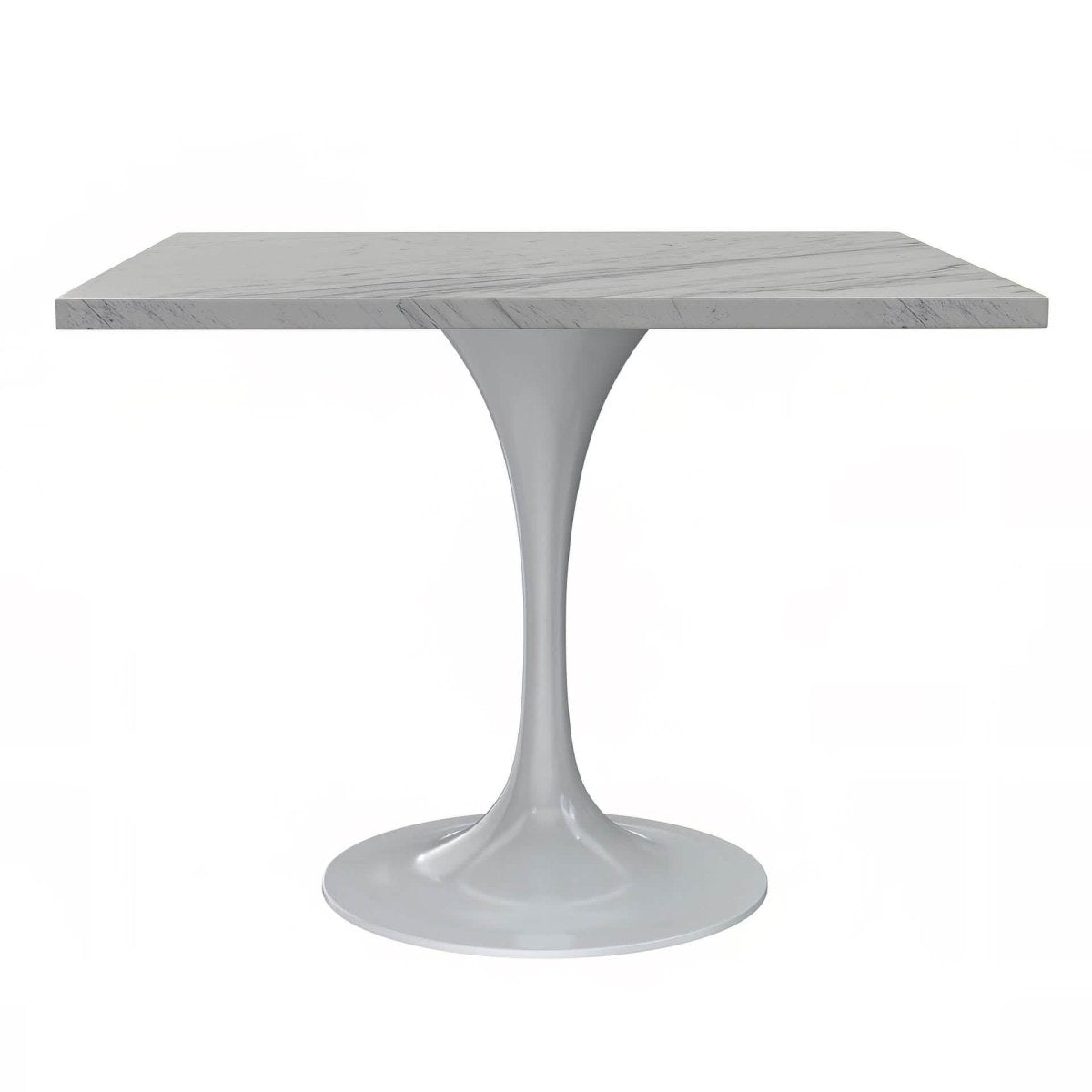 Verve Square Dining Table with a Laminated White Marbleized Tabletop and White/Black/Silver/Gold Steel Pedestal Base