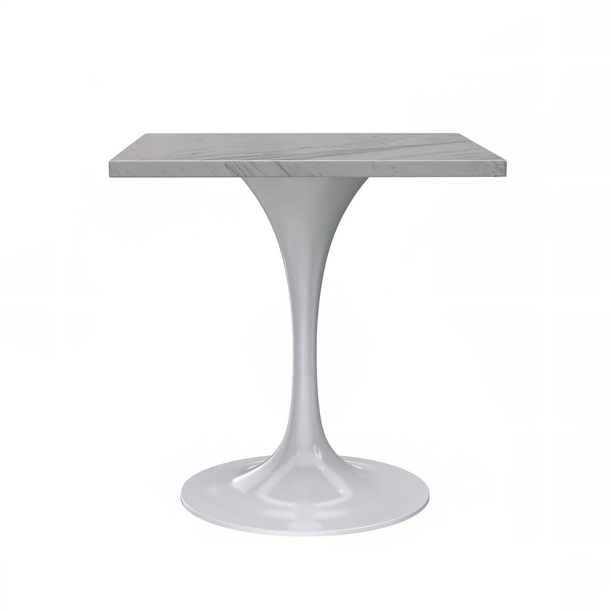 Verve Square Dining Table with a Laminated White Marbleized Tabletop and White/Black/Silver/Gold Steel Pedestal Base