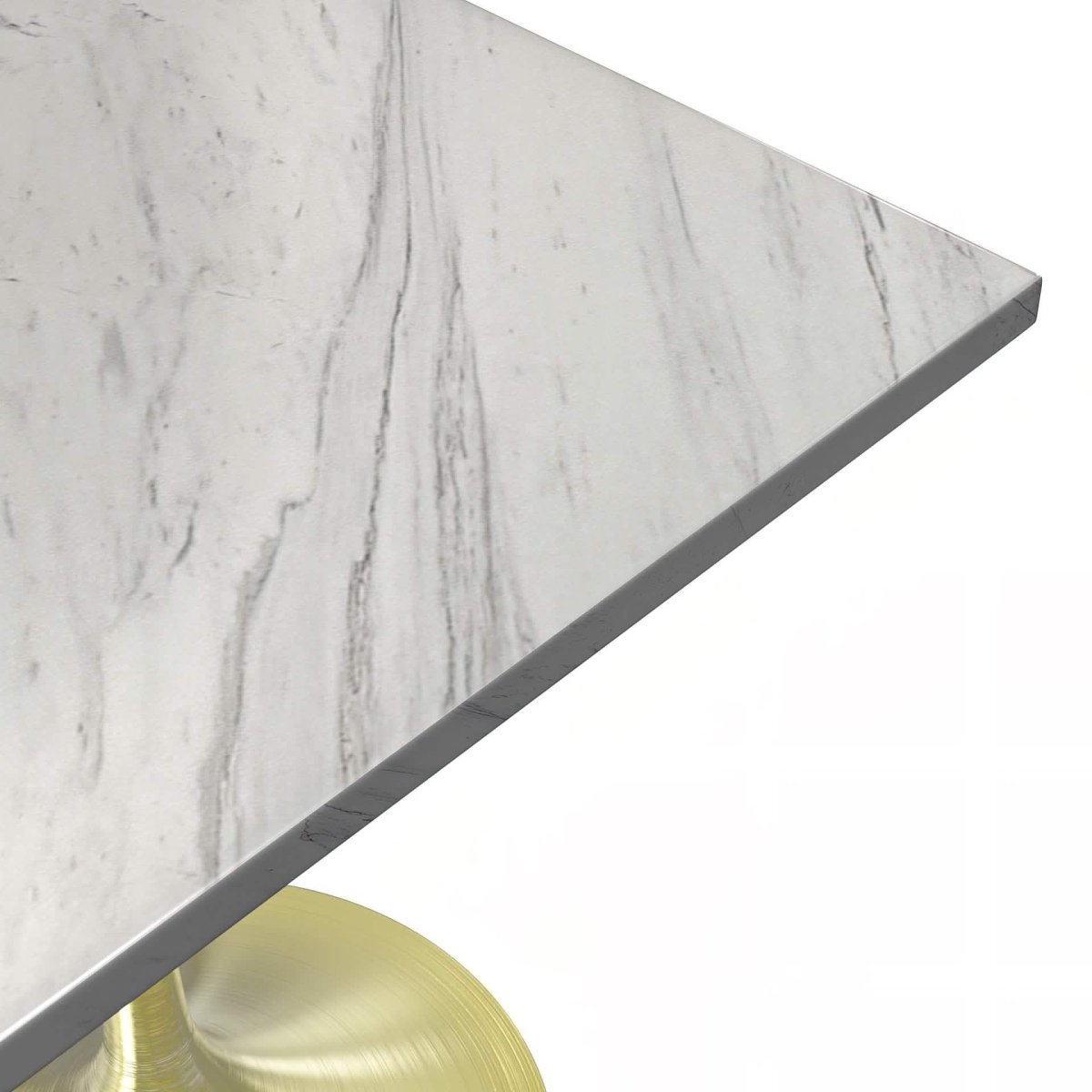 Verve Square Dining Table with a Laminated White Marbleized Tabletop and White/Black/Silver/Gold Steel Pedestal Base