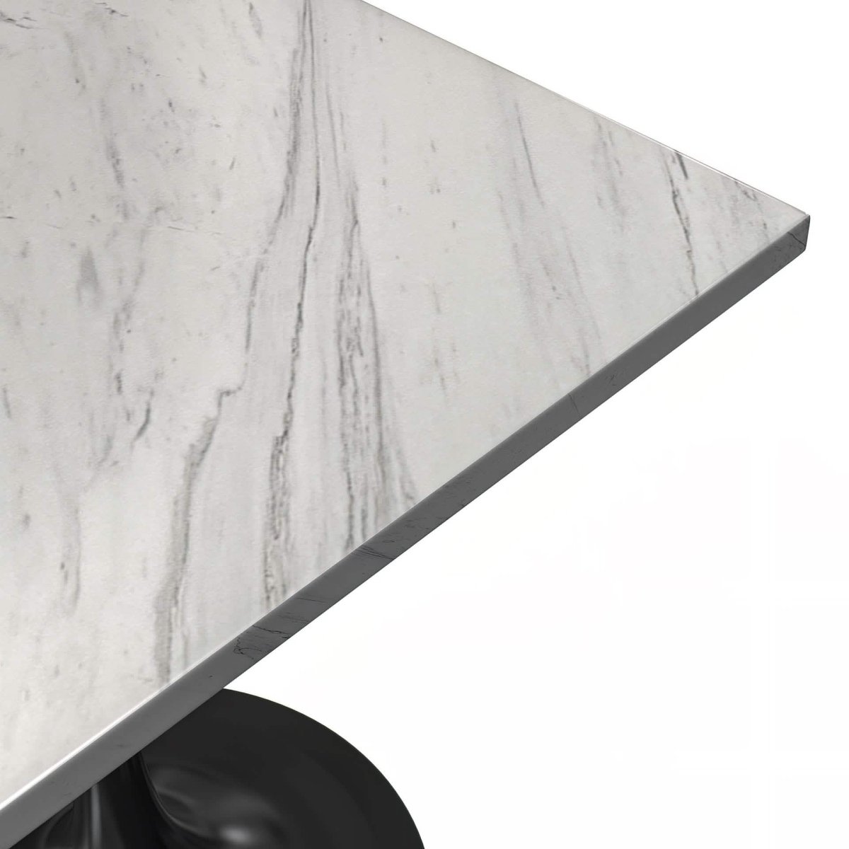 Verve Square Dining Table with a Laminated White Marbleized Tabletop and White/Black/Silver/Gold Steel Pedestal Base