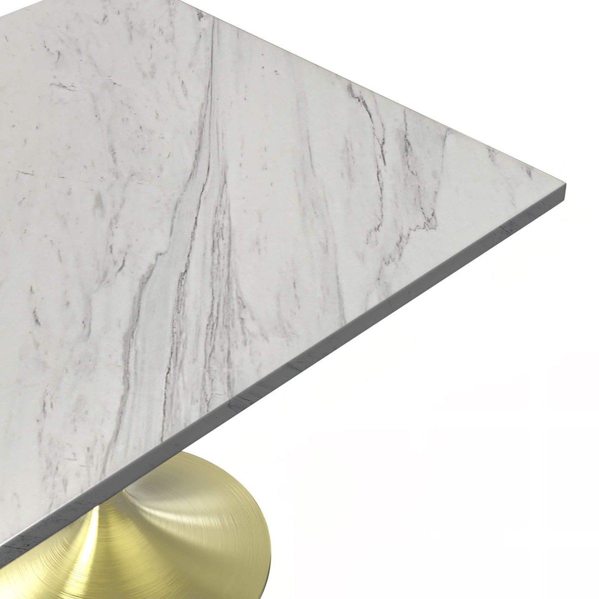 Verve Square Dining Table with a Laminated White Marbleized Tabletop and White/Black/Silver/Gold Steel Pedestal Base