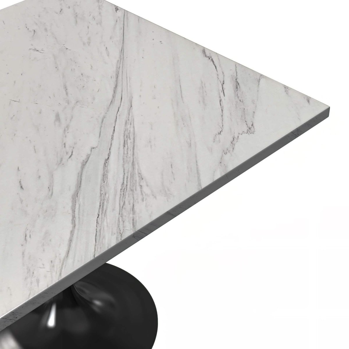 Verve Square Dining Table with a Laminated White Marbleized Tabletop and White/Black/Silver/Gold Steel Pedestal Base