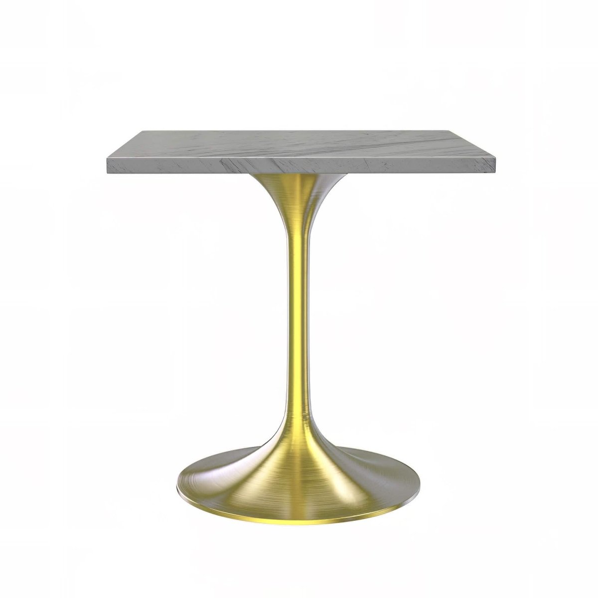 Verve Square Dining Table with a Laminated White Marbleized Tabletop and White/Black/Silver/Gold Steel Pedestal Base