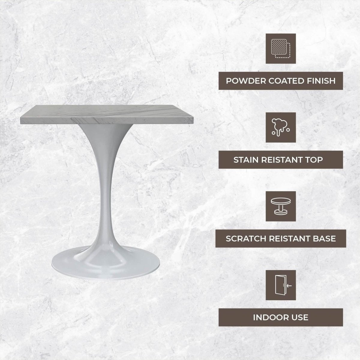 Verve Square Dining Table with a Laminated White Marbleized Tabletop and White/Black/Silver/Gold Steel Pedestal Base
