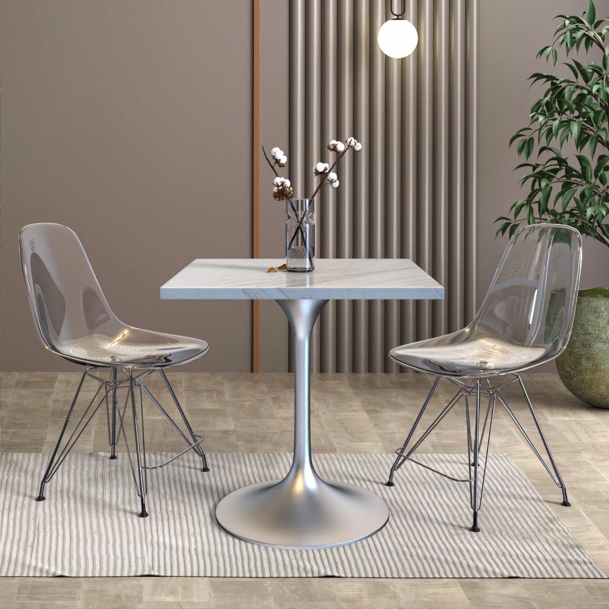 Verve Square Dining Table with a Laminated White Marbleized Tabletop and White/Black/Silver/Gold Steel Pedestal Base