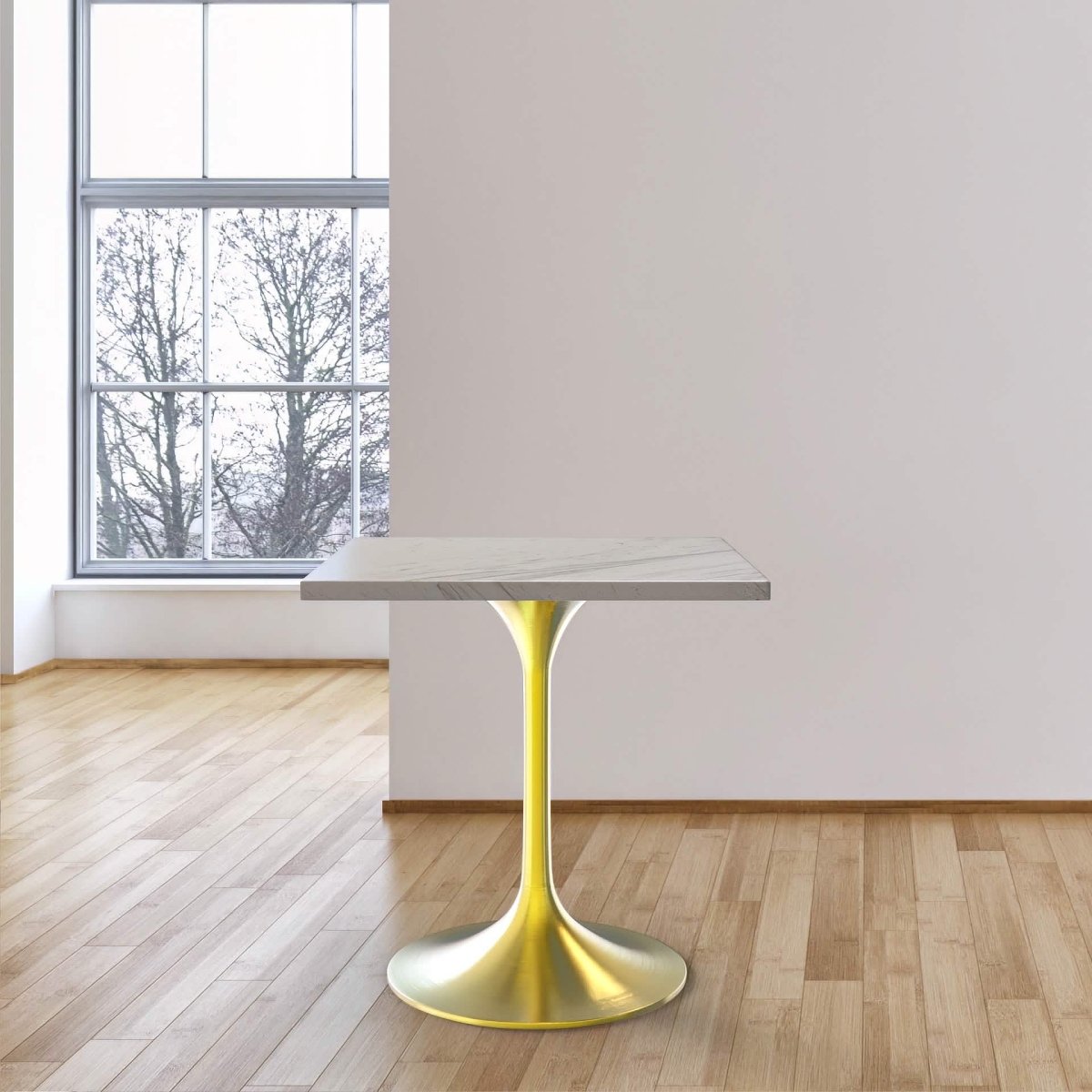 Verve Square Dining Table with a Laminated White Marbleized Tabletop and White/Black/Silver/Gold Steel Pedestal Base