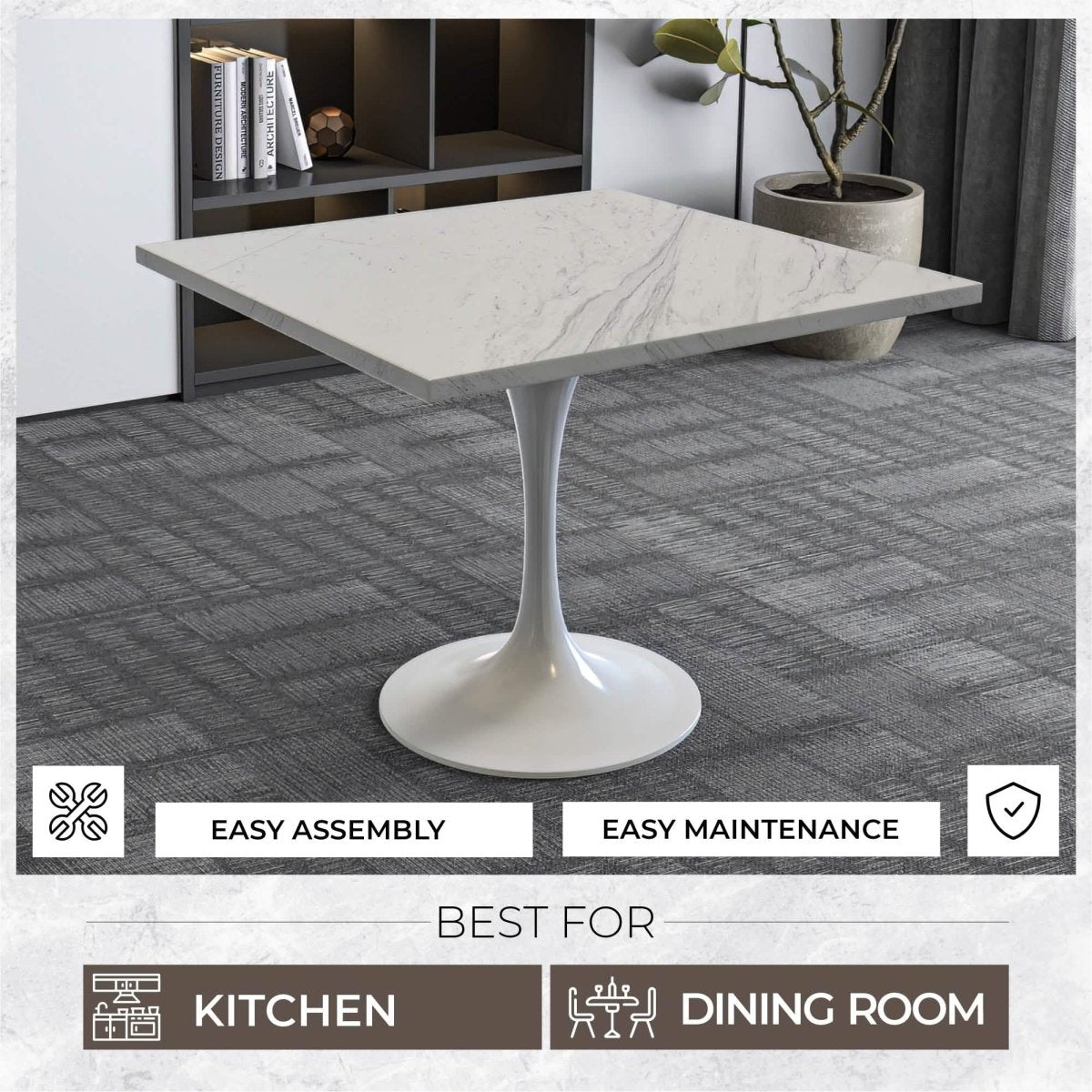 Verve Square Dining Table with a Laminated White Marbleized Tabletop and White/Black/Silver/Gold Steel Pedestal Base