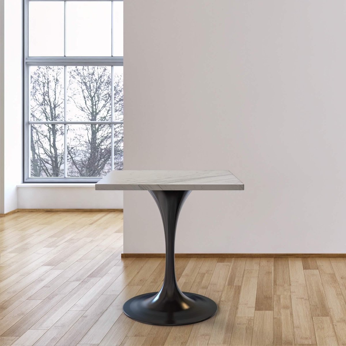 Verve Square Dining Table with a Laminated White Marbleized Tabletop and White/Black/Silver/Gold Steel Pedestal Base