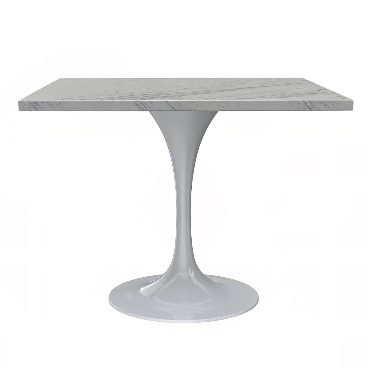 Verve Square Dining Table with a Laminated White Marbleized Tabletop and White/Black/Silver/Gold Steel Pedestal Base