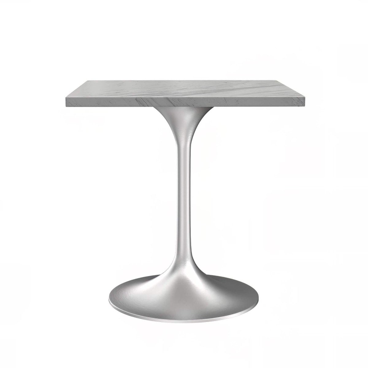 Verve Square Dining Table with a Laminated White Marbleized Tabletop and White/Black/Silver/Gold Steel Pedestal Base