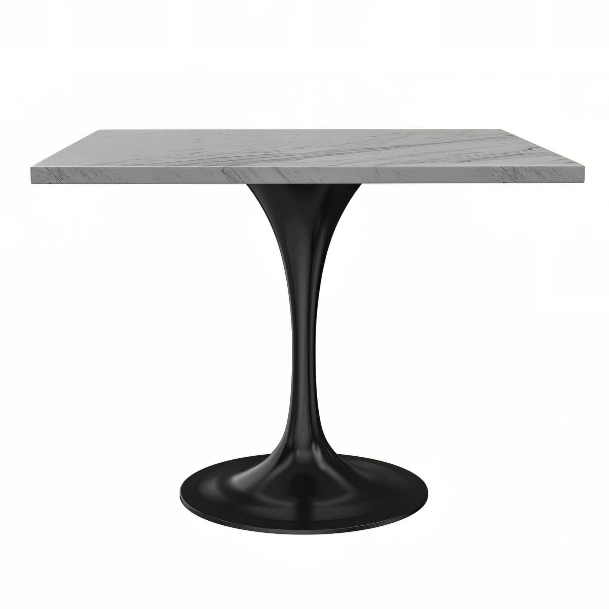 Verve Square Dining Table with a Laminated White Marbleized Tabletop and White/Black/Silver/Gold Steel Pedestal Base