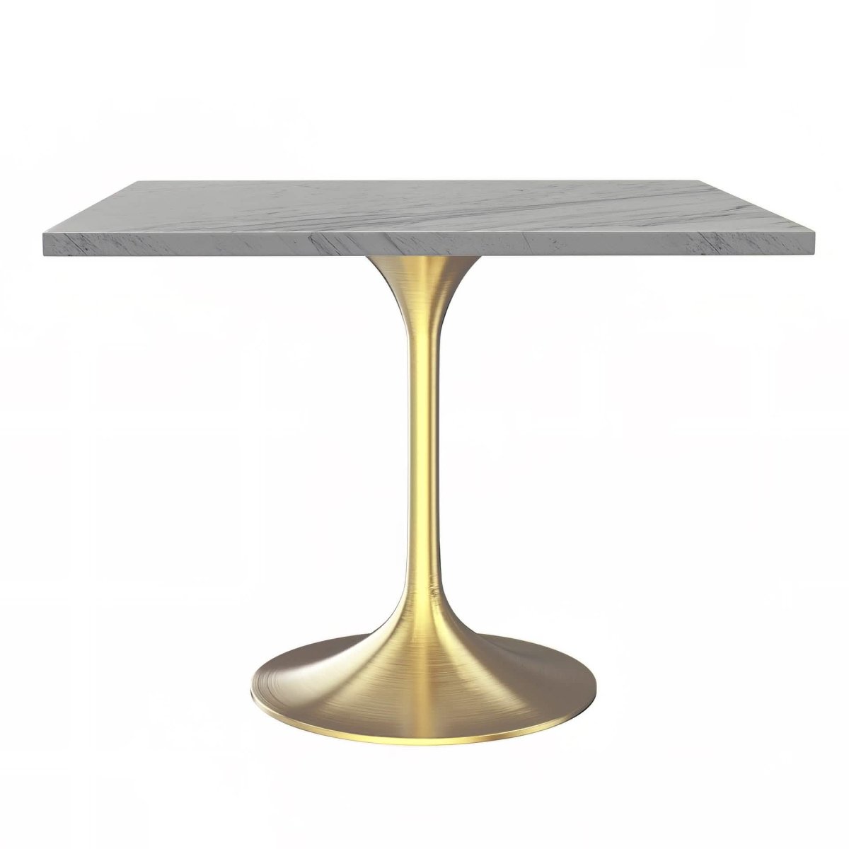 Verve Square Dining Table with a Laminated White Marbleized Tabletop and White/Black/Silver/Gold Steel Pedestal Base