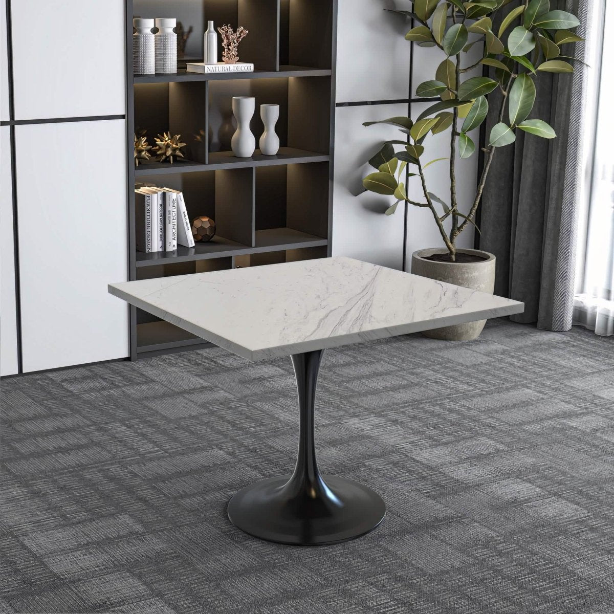 Verve Square Dining Table with a Laminated White Marbleized Tabletop and White/Black/Silver/Gold Steel Pedestal Base