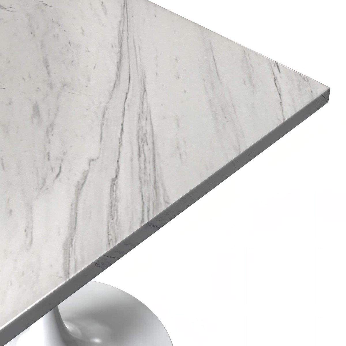 Verve Square Dining Table with a Laminated White Marbleized Tabletop and White/Black/Silver/Gold Steel Pedestal Base