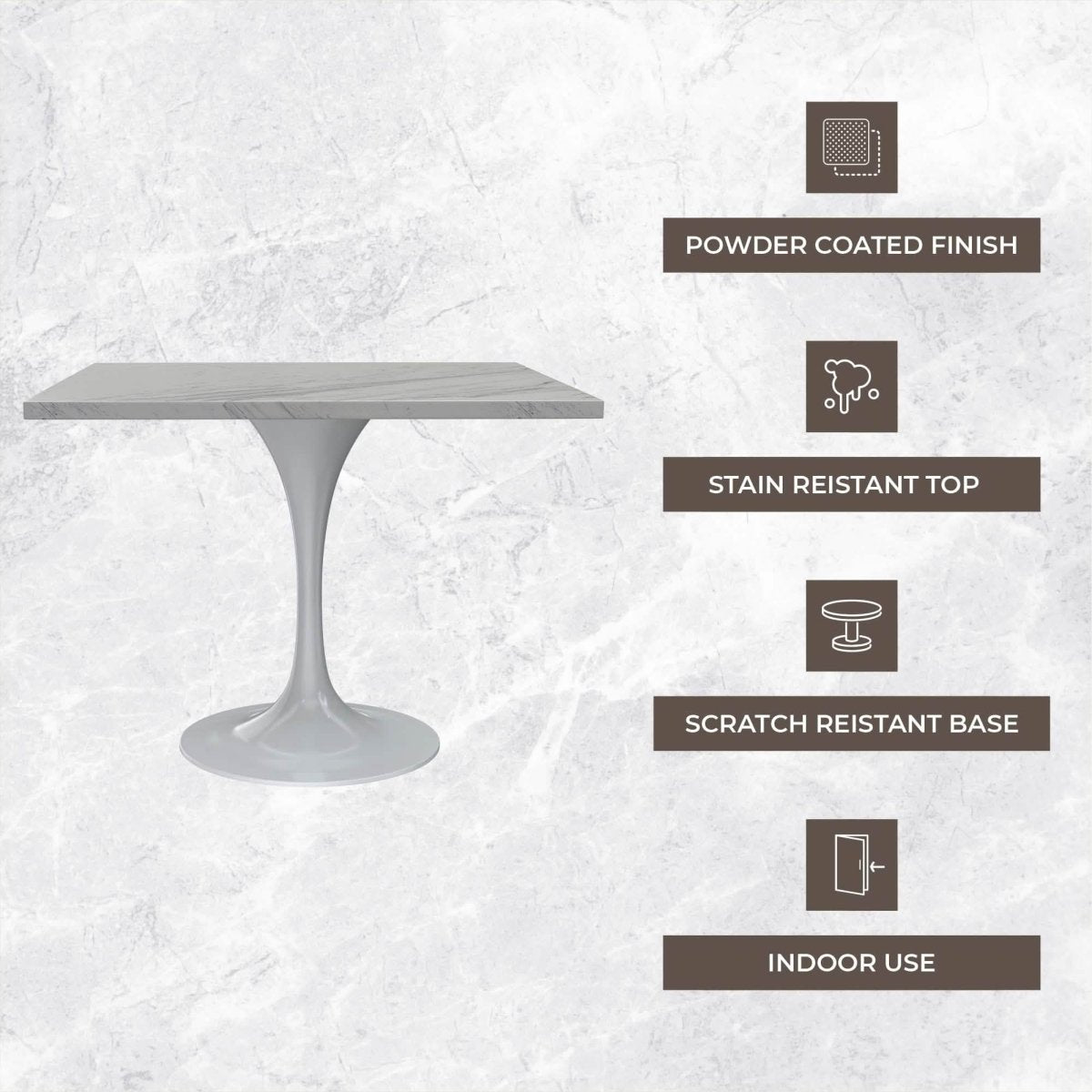 Verve Square Dining Table with a Laminated White Marbleized Tabletop and White/Black/Silver/Gold Steel Pedestal Base