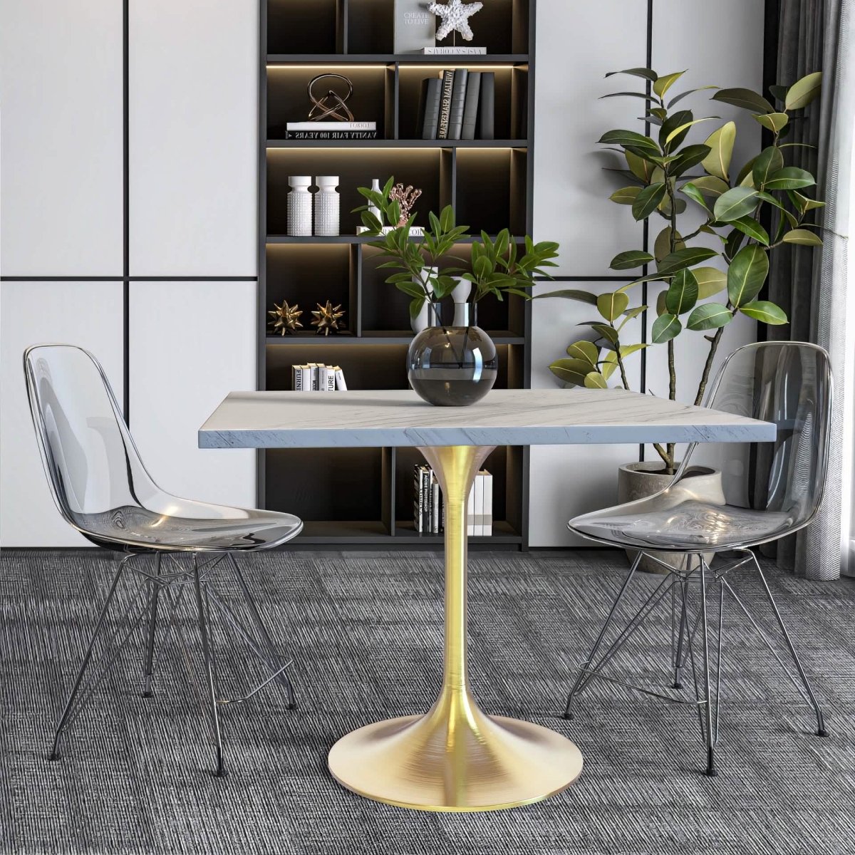 Verve Square Dining Table with a Laminated White Marbleized Tabletop and White/Black/Silver/Gold Steel Pedestal Base