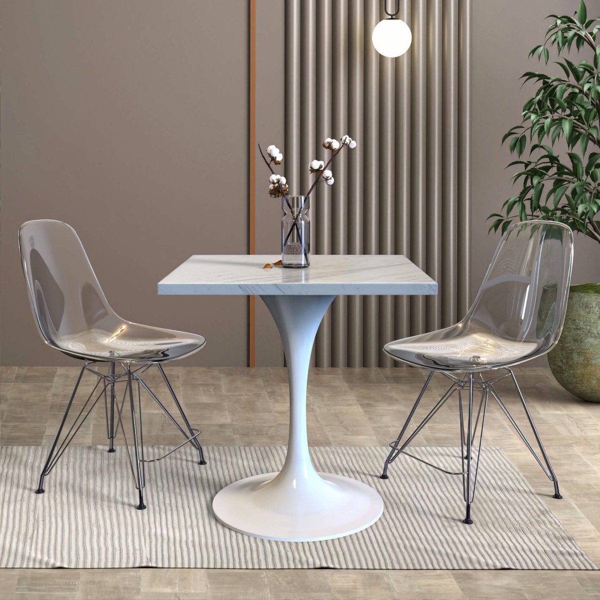 Verve Square Dining Table with a Laminated White Marbleized Tabletop and White/Black/Silver/Gold Steel Pedestal Base