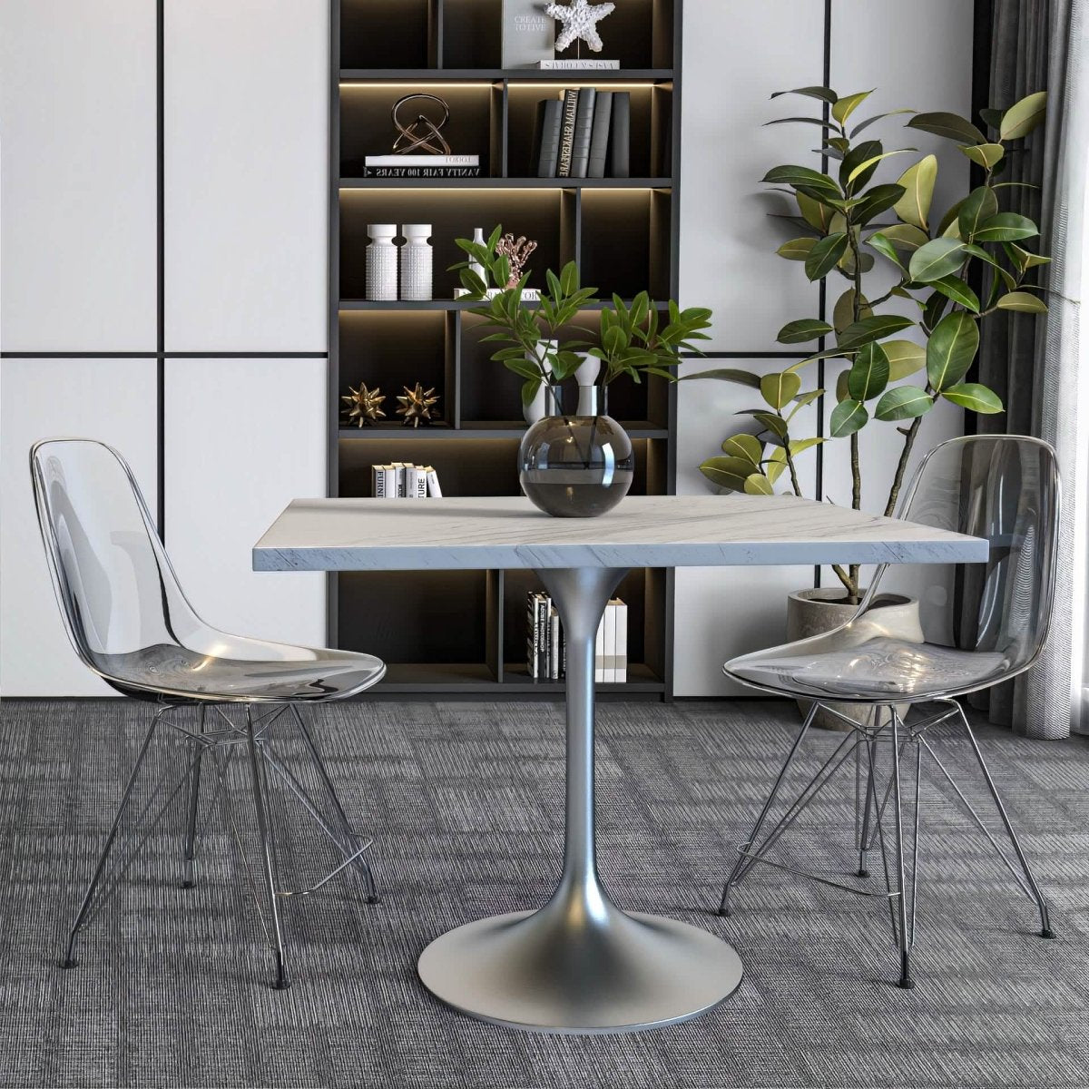 Verve Square Dining Table with a Laminated White Marbleized Tabletop and White/Black/Silver/Gold Steel Pedestal Base