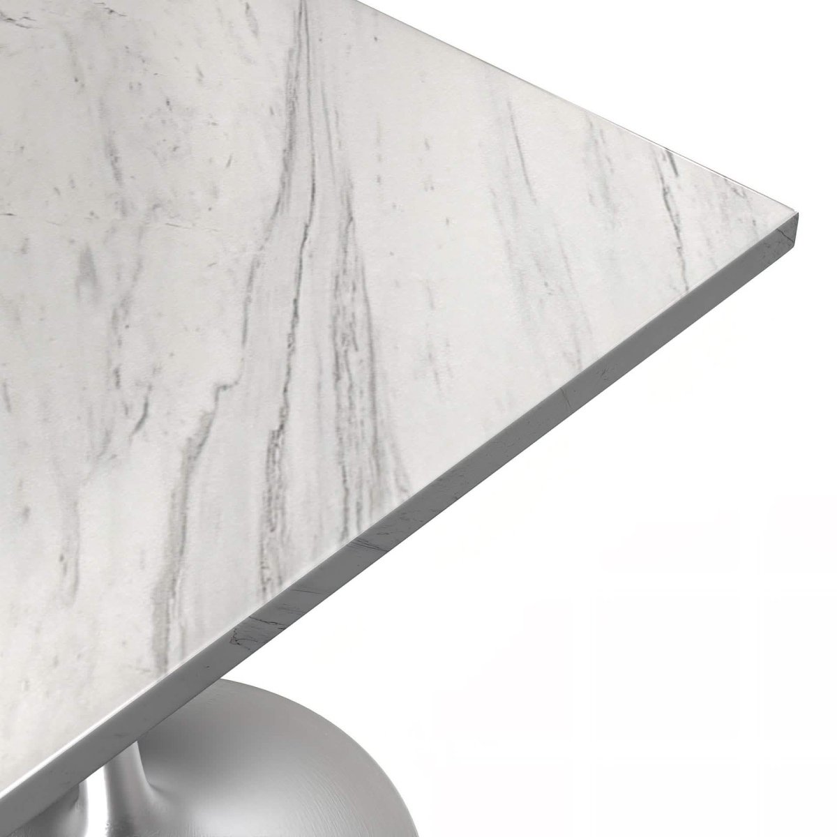 Verve Square Dining Table with a Laminated White Marbleized Tabletop and White/Black/Silver/Gold Steel Pedestal Base
