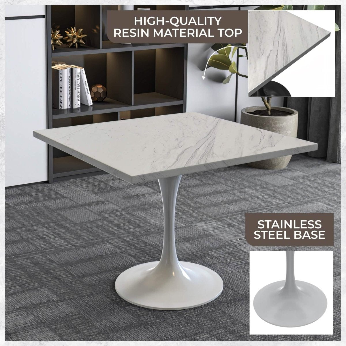 Verve Square Dining Table with a Laminated White Marbleized Tabletop and White/Black/Silver/Gold Steel Pedestal Base