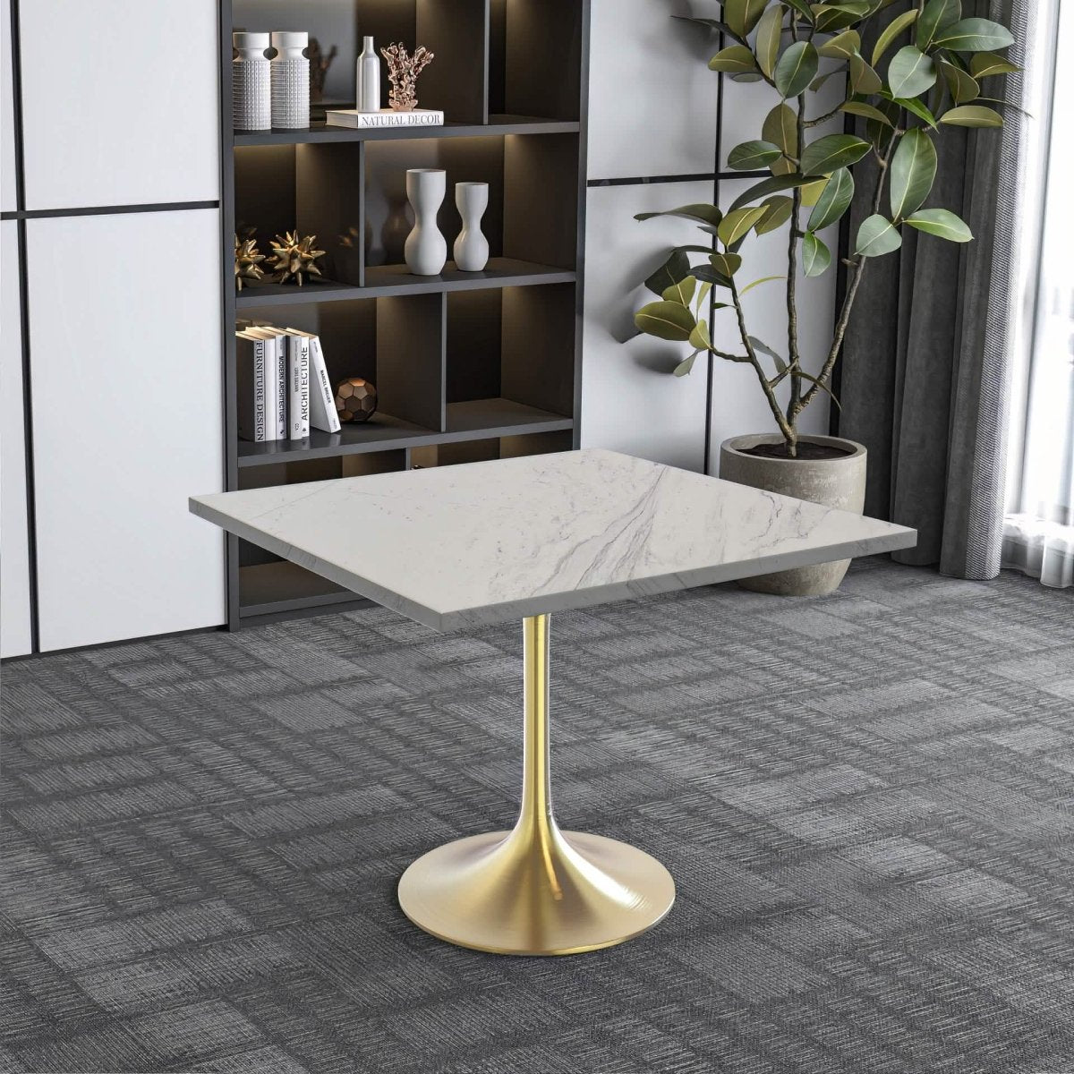 Verve Square Dining Table with a Laminated White Marbleized Tabletop and White/Black/Silver/Gold Steel Pedestal Base