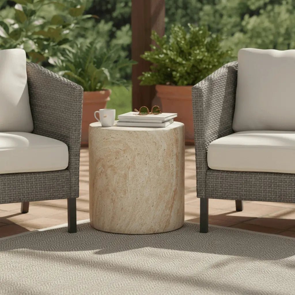 Vintara Round Fiberstone Side Table with Brushed Finish – Indoor & Outdoor Accent Table