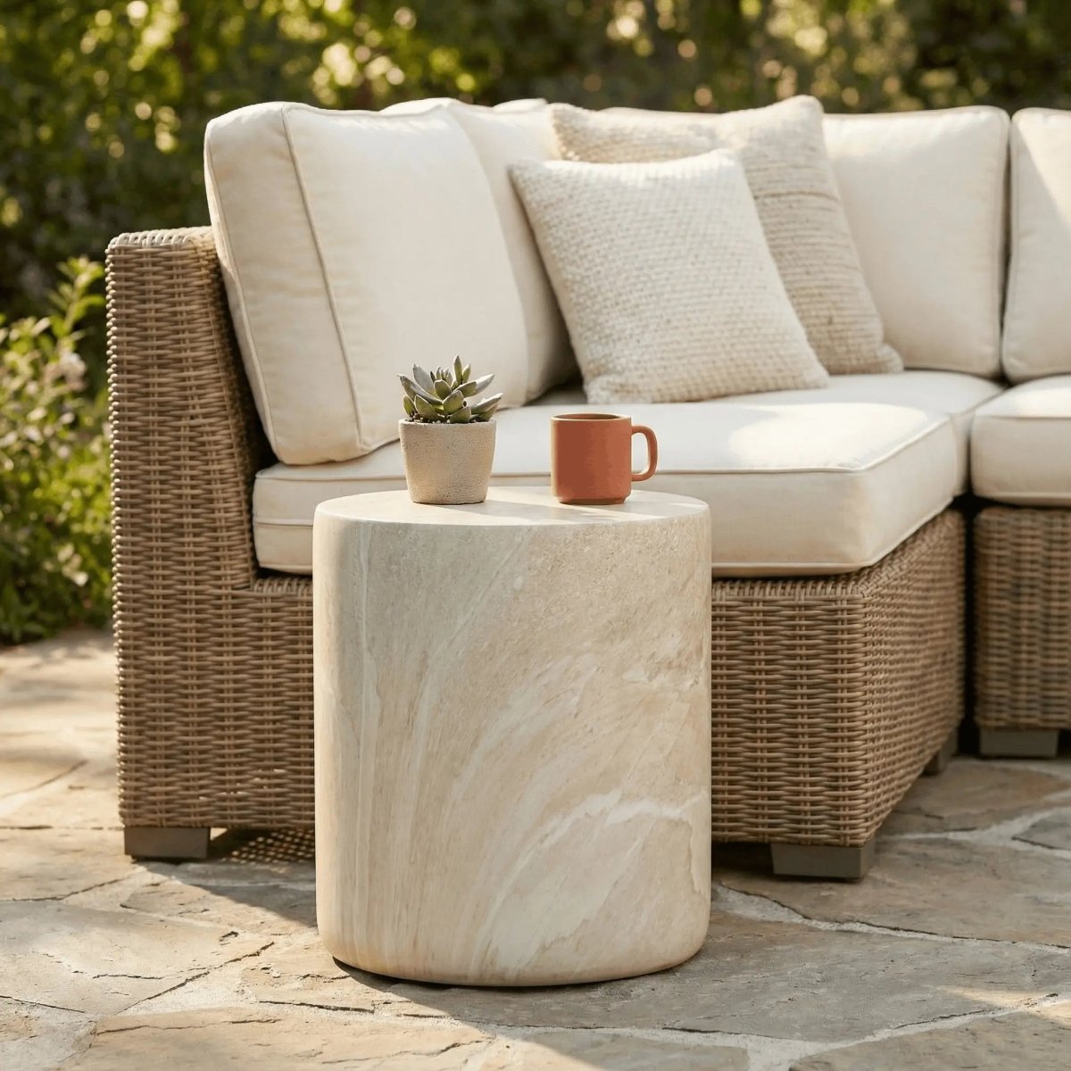 Vintara Round Fiberstone Side Table with Brushed Finish – Indoor & Outdoor Accent Table