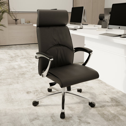 Vantage High-Back Leather Office Chair with Aluminum Base and Swivel, and Tilt