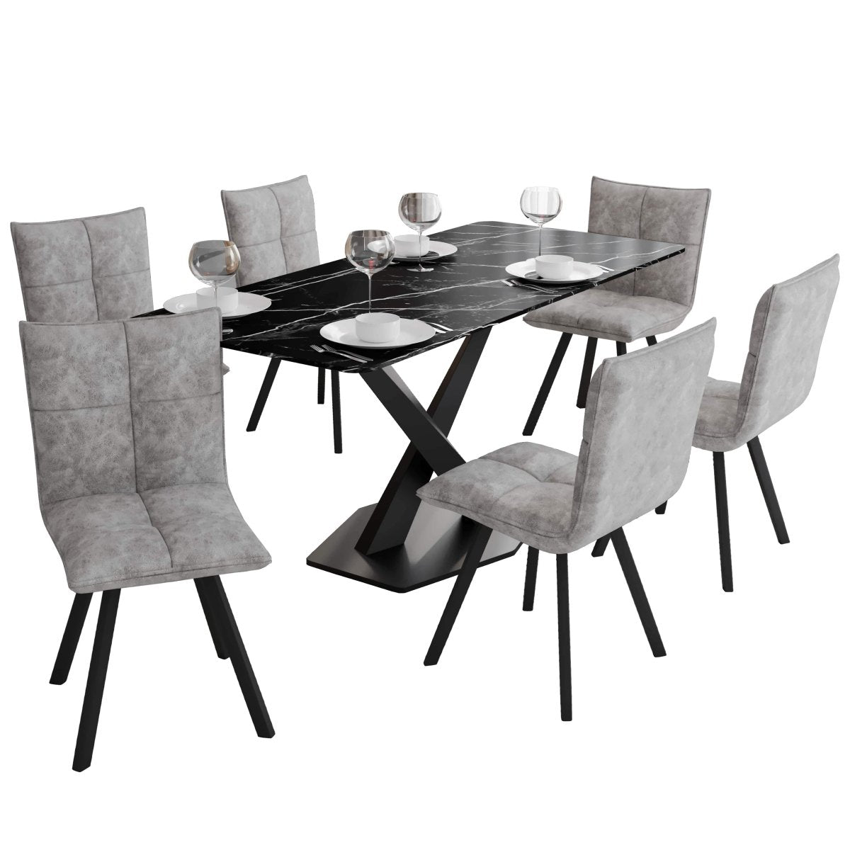 Voren 7 - Piece Dining Set with 55" Rectangular Dining Table with Sintered Stone Top and Black Base and 6 Leather Dining Chairs