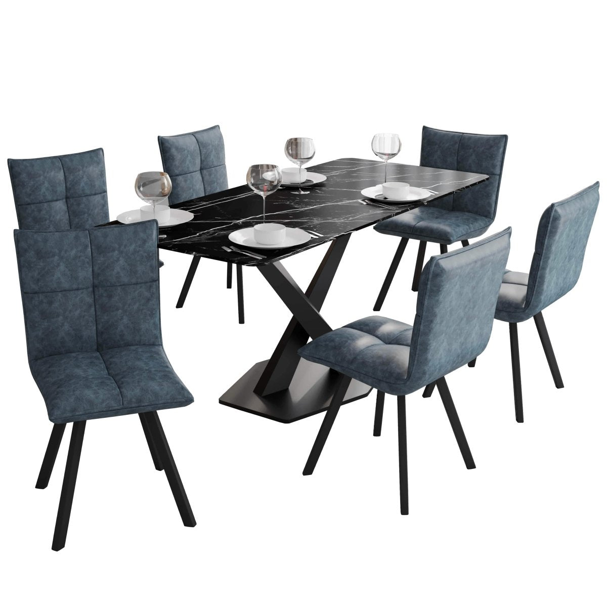 Voren 7 - Piece Dining Set with 55" Rectangular Dining Table with Sintered Stone Top and Black Base and 6 Leather Dining Chairs