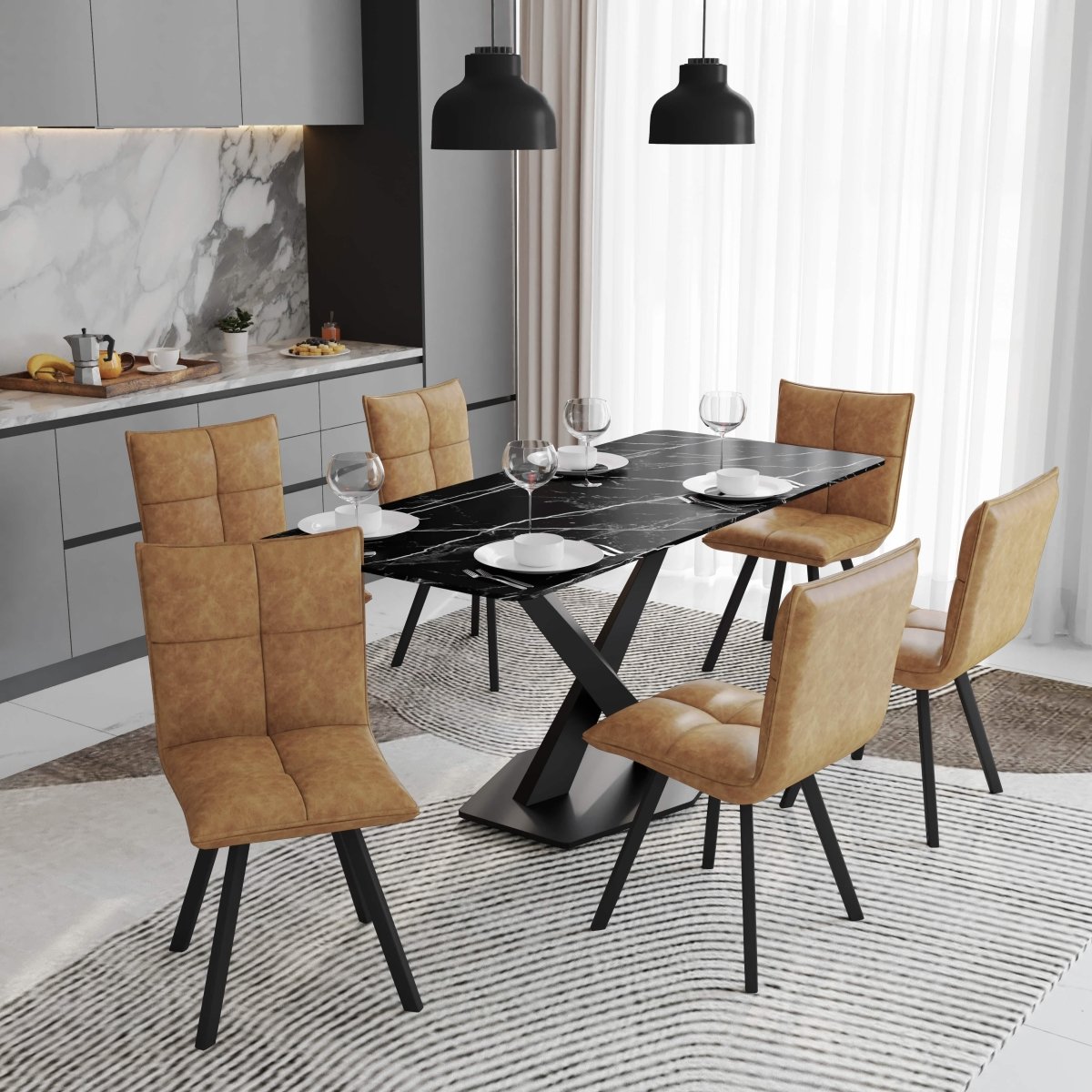 Voren 7 - Piece Dining Set with 55" Rectangular Dining Table with Sintered Stone Top and Black Base and 6 Leather Dining Chairs