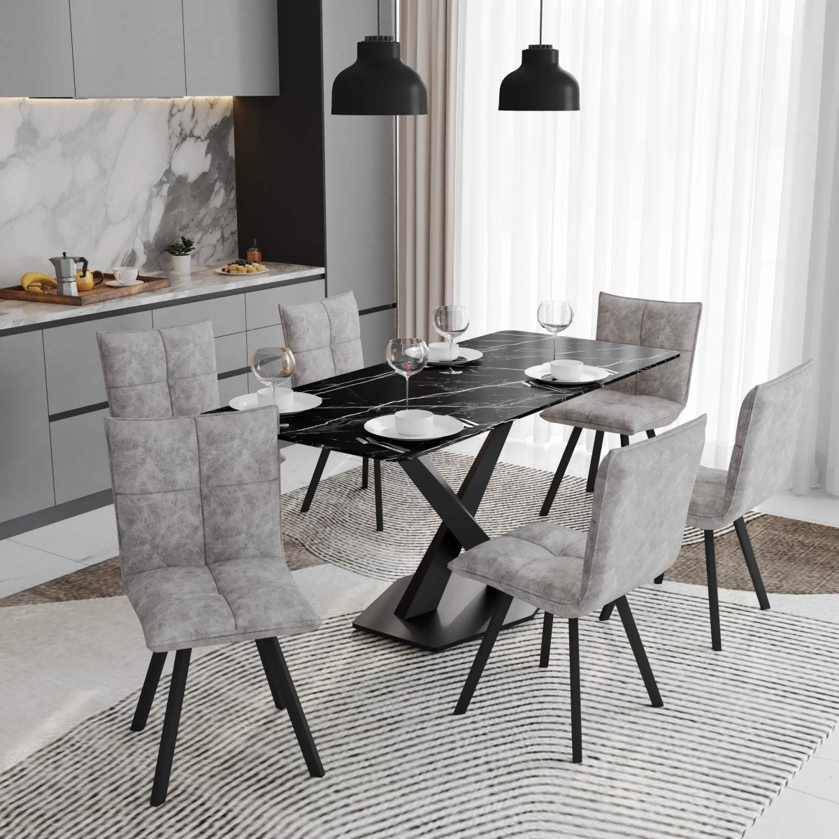 Voren 7 - Piece Dining Set with 55" Rectangular Dining Table with Sintered Stone Top and Black Base and 6 Leather Dining Chairs