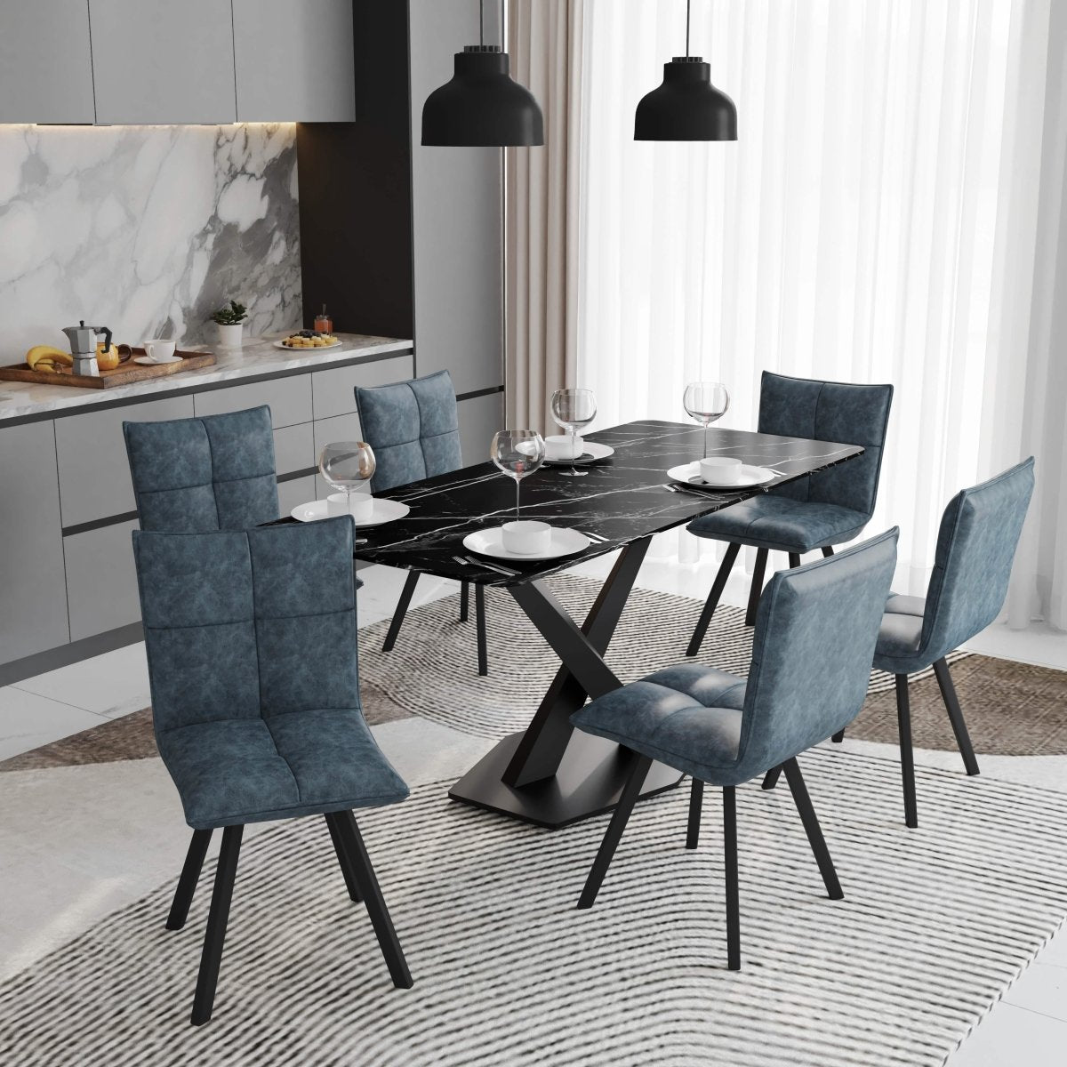 Voren 7 - Piece Dining Set with 55" Rectangular Dining Table with Sintered Stone Top and Black Base and 6 Leather Dining Chairs