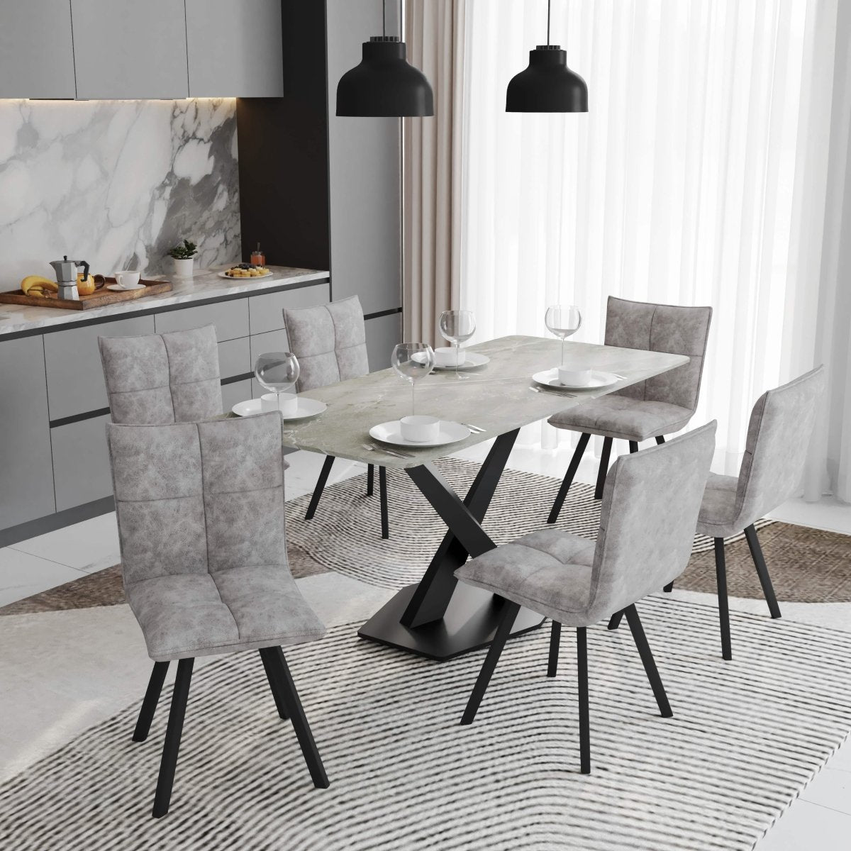 Voren 7 - Piece Dining Set with 55" Rectangular Dining Table with Sintered Stone Top and Gold Base in Deep Grey and 6 Leather Dining Chairs
