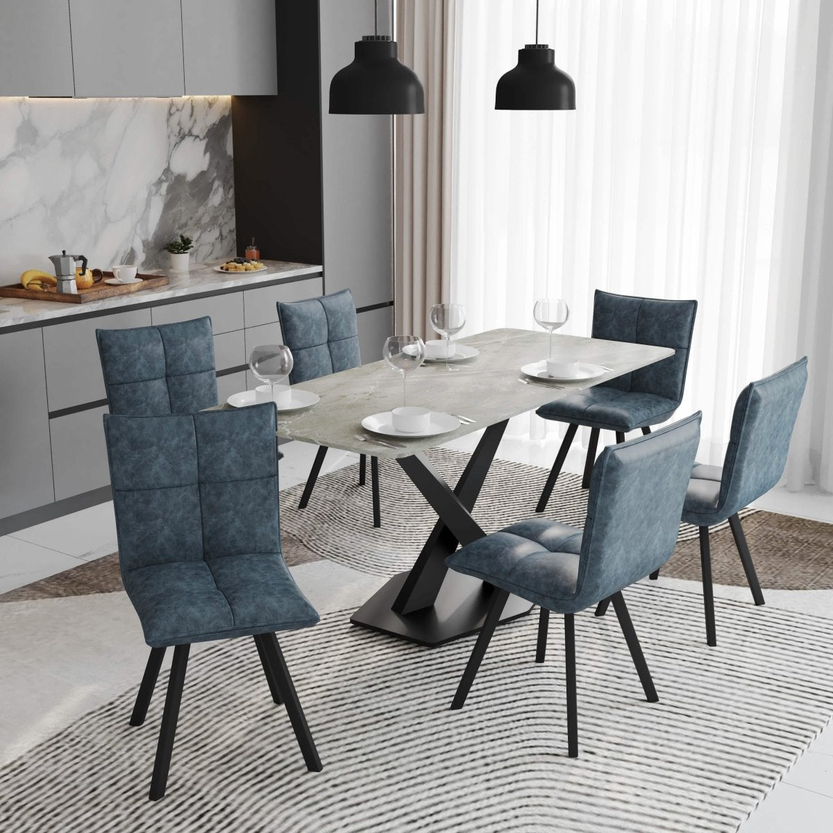 Voren 7 - Piece Dining Set with 55" Rectangular Dining Table with Sintered Stone Top and Gold Base in Deep Grey and 6 Leather Dining Chairs