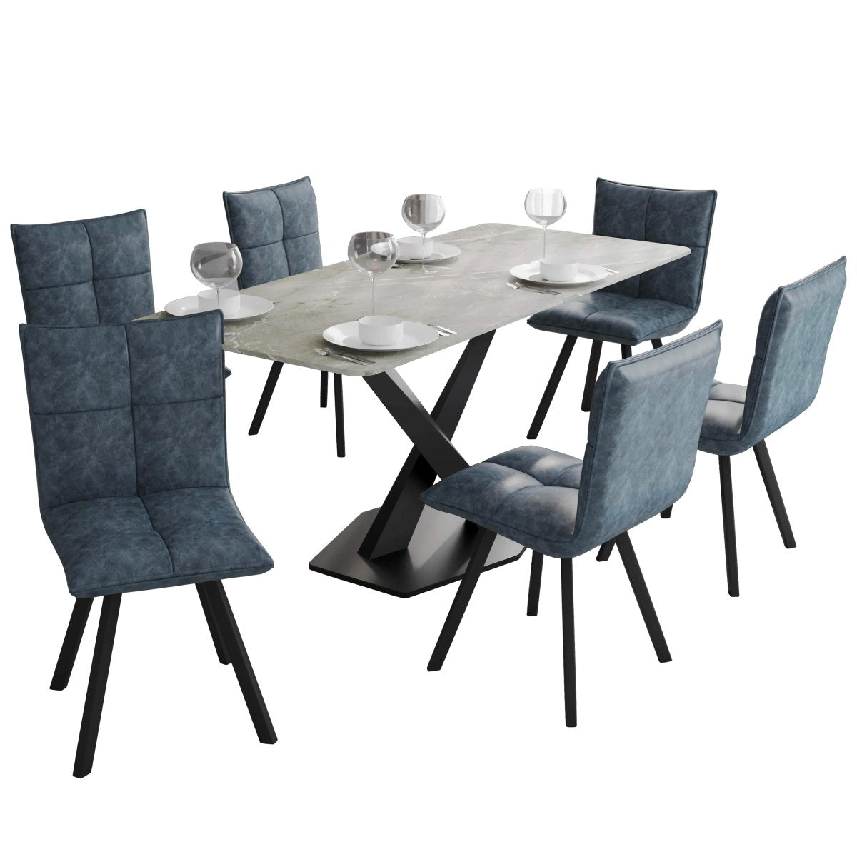 Voren 7 - Piece Dining Set with 55" Rectangular Dining Table with Sintered Stone Top and Gold Base in Deep Grey and 6 Leather Dining Chairs