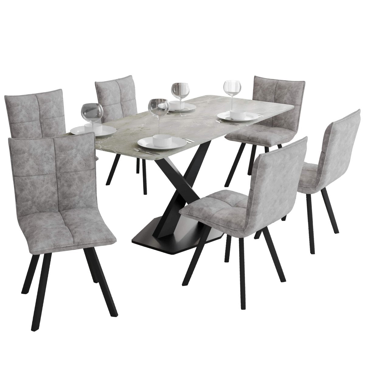 Voren 7 - Piece Dining Set with 55" Rectangular Dining Table with Sintered Stone Top and Gold Base in Deep Grey and 6 Leather Dining Chairs