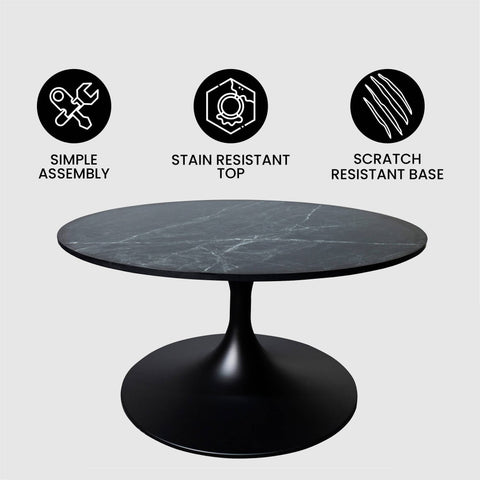 Verve Round Coffee Table with MDF/Resin/Sintered Stone Tabletop and Black Stainless Steel Base