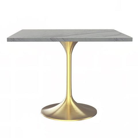 Verve Square Dining Table with a Laminated White Marbleized Tabletop and White/Black/Silver/Gold Steel Pedestal Base