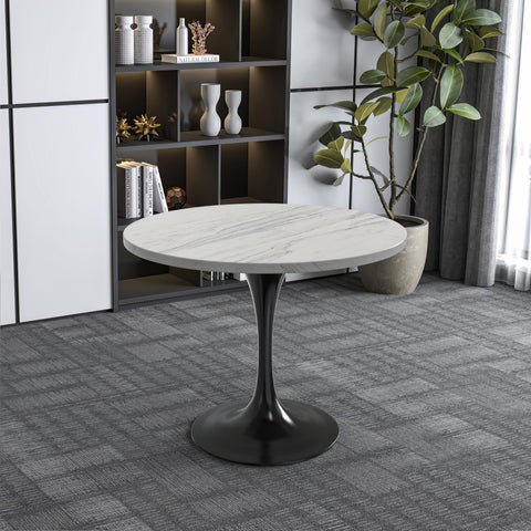 Verve Round Dining Table with MDF/Sintered Stone/Resin Tabletop in Black Stainless Steel Pedestal Base