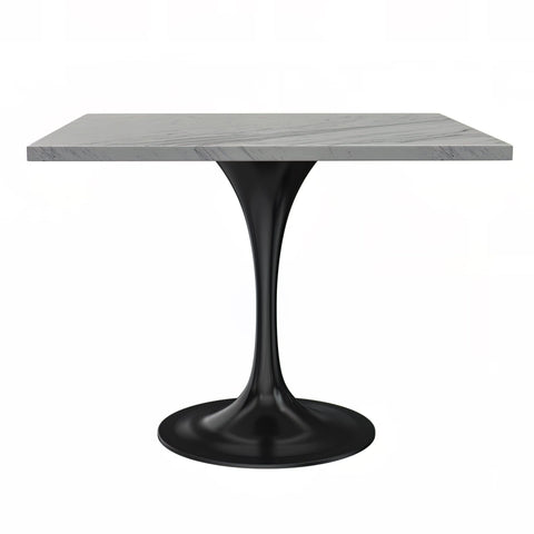Verve Square Dining Table with a Laminated White Marbleized Tabletop and White/Black/Silver/Gold Steel Pedestal Base