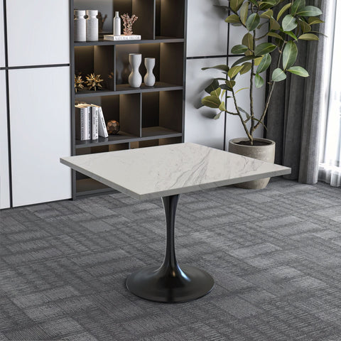 Verve Square Dining Table with a Laminated White Marbleized Tabletop and White/Black/Silver/Gold Steel Pedestal Base
