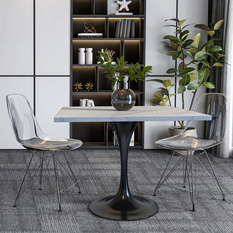 Verve Square Dining Table with a Laminated White Marbleized Tabletop and White/Black/Silver/Gold Steel Pedestal Base