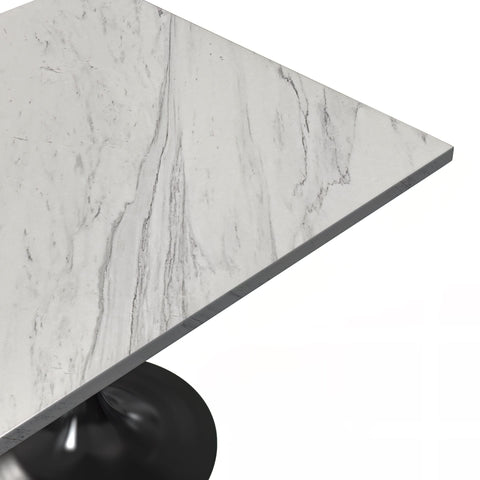 Verve Square Dining Table with a Laminated White Marbleized Tabletop and White/Black/Silver/Gold Steel Pedestal Base