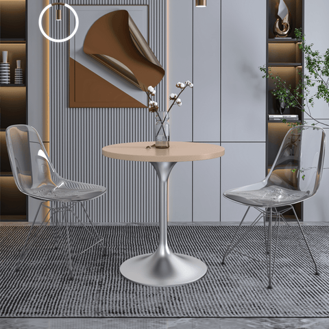Verve Round Dining Table with MDF/Sintered Stone/Resin Tabletop in Silver Stainless Steel Pedestal Base