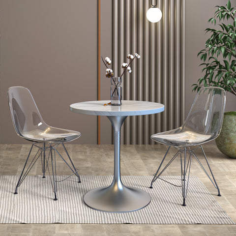 Verve Round Dining Table with MDF/Sintered Stone/Resin Tabletop in Silver Stainless Steel Pedestal Base